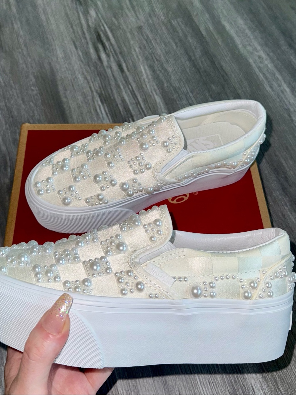Customized Vans White Pearl-Embellished Checkerboard Platform Slip-On Sneakers